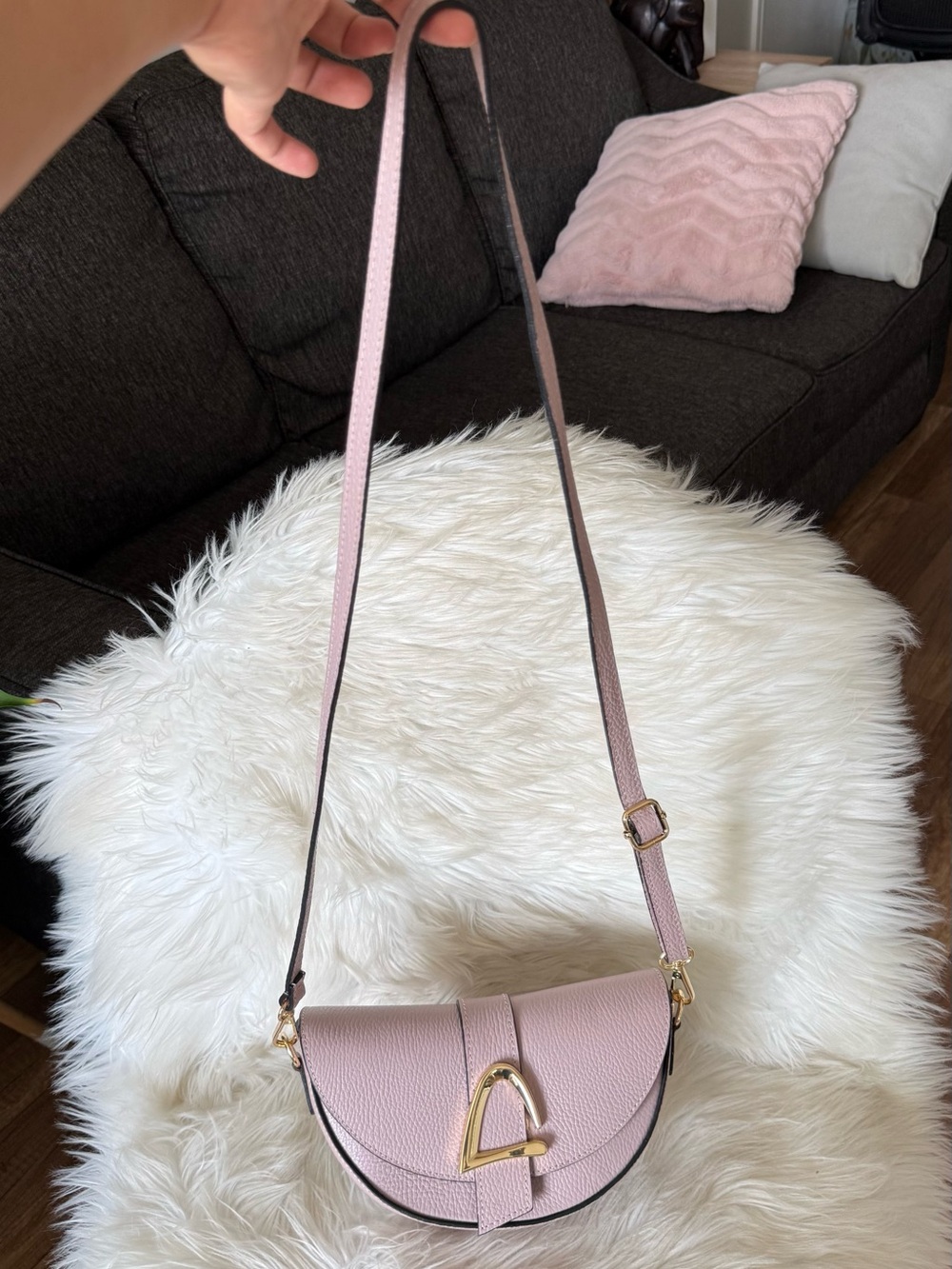 Genuine Leather Women's Pink Saddle Crossbody Bag with Gold Accent Made in Italy